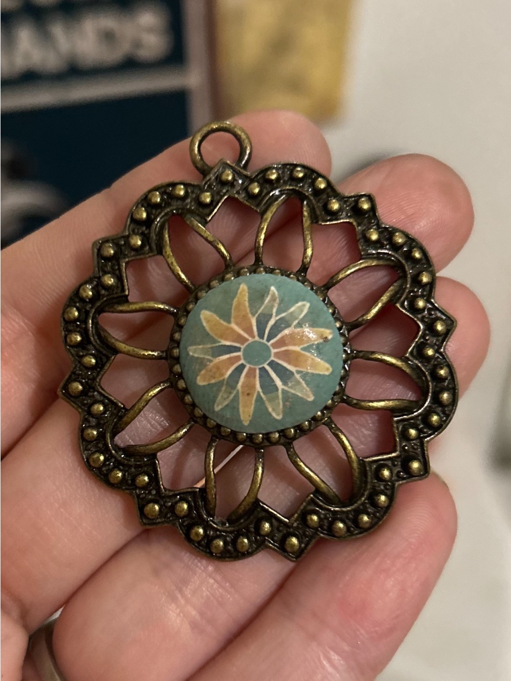 Handcrafted Bronze-Tone Floral Ceramic Pendant - Blue and Tan